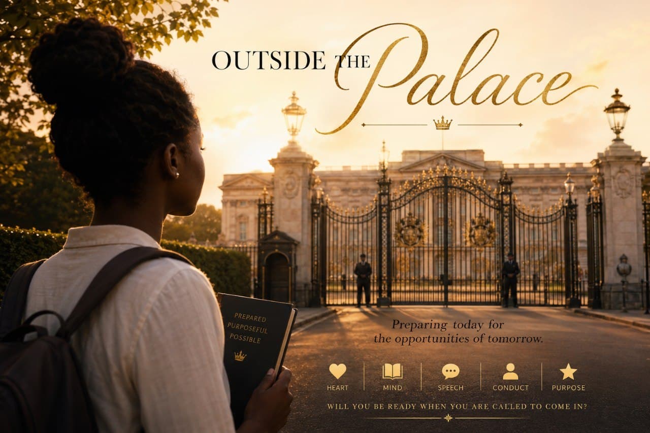  A young woman stands outside majestic palace gates, gazing inward with a journal in hand—symbolizing ambition, preparation, and the moment before an opportunity opens.
